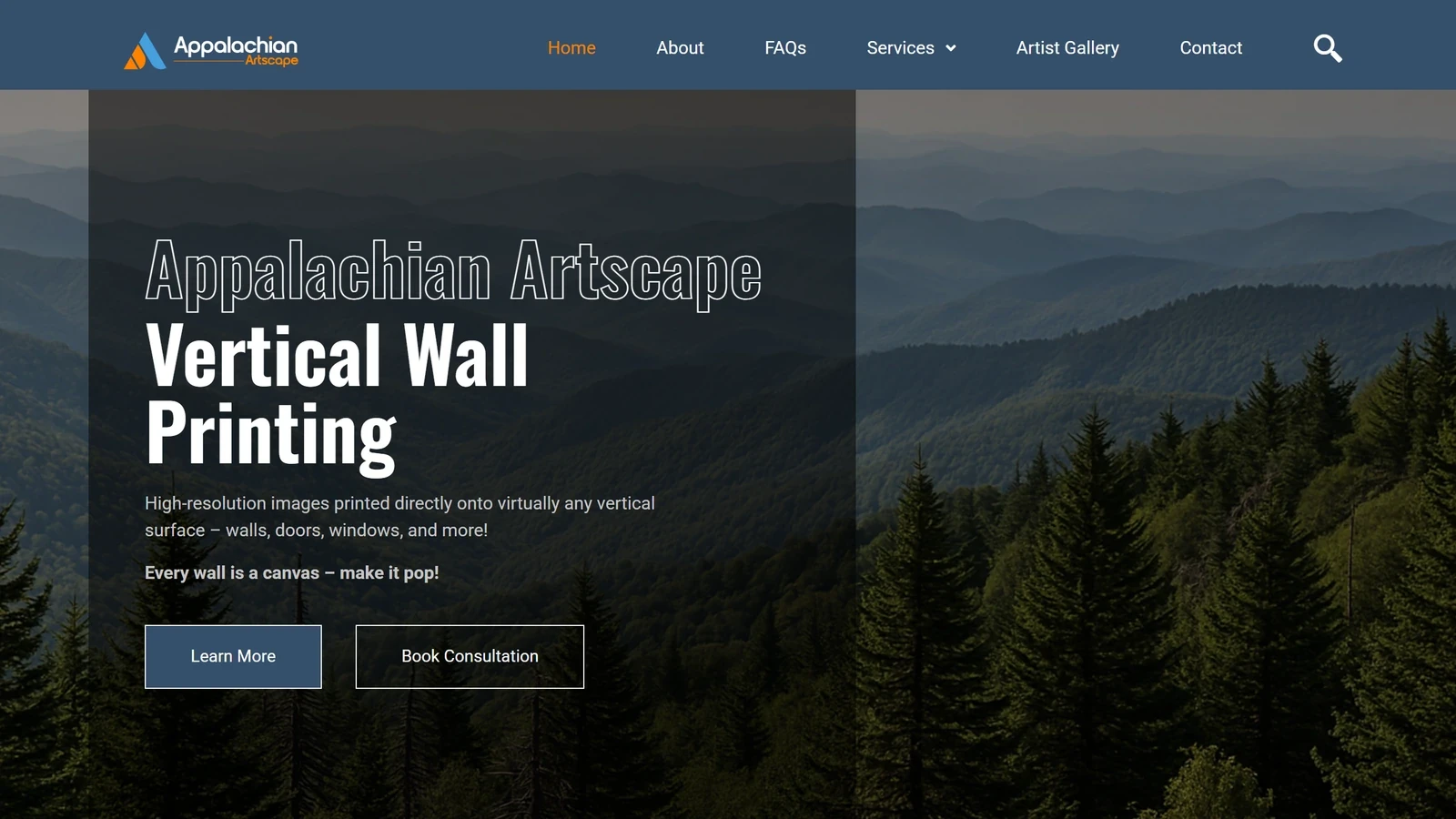 Appalachian Artscape vertical wall printing website homepage