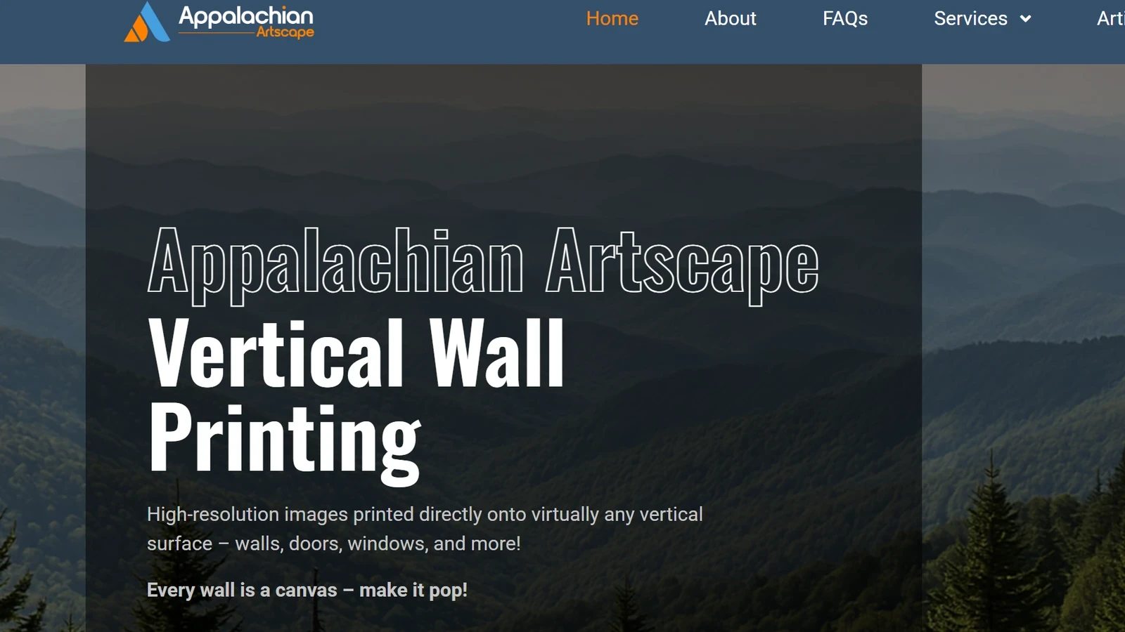 Appalachian Artscape vertical wall printing website homepage